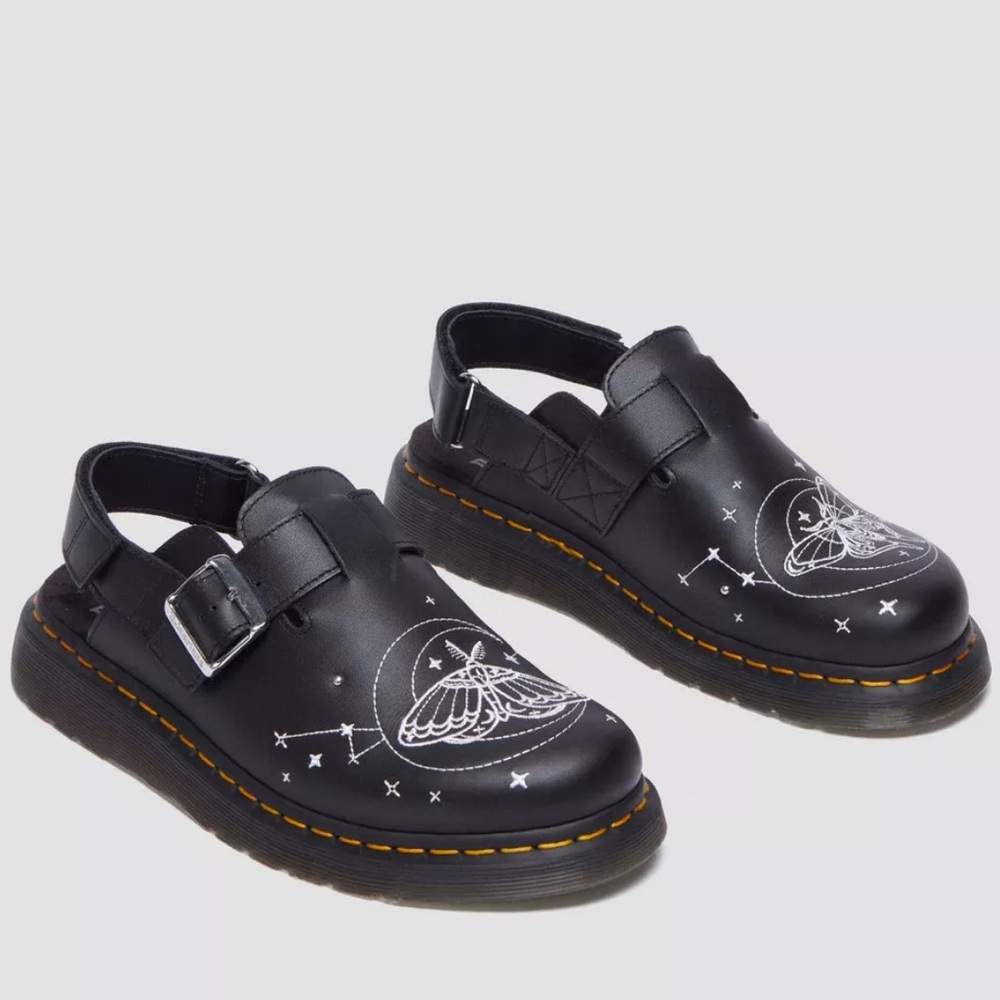 Goth Doc Martens Black Slingback Mules with White Design